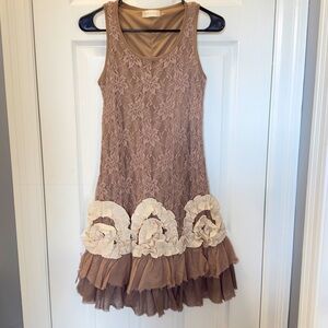 Altar'd State Cocoa Blossom Cottagecore Boho Lace Ruffle Hem Babydoll Dress Sz S